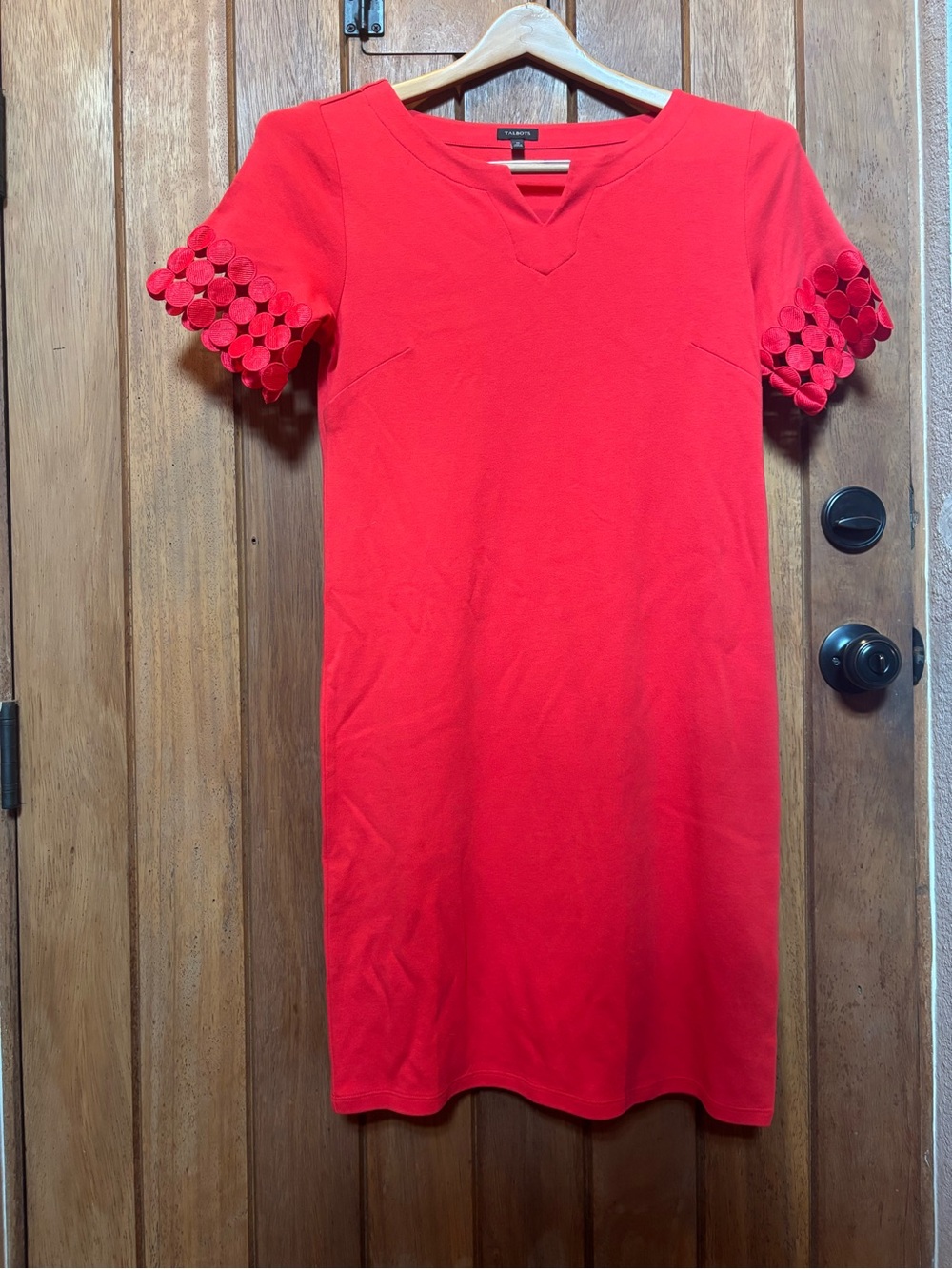 Talbots Red Short-Sleeve Sheath Dress with Circle-Trim Sleeves